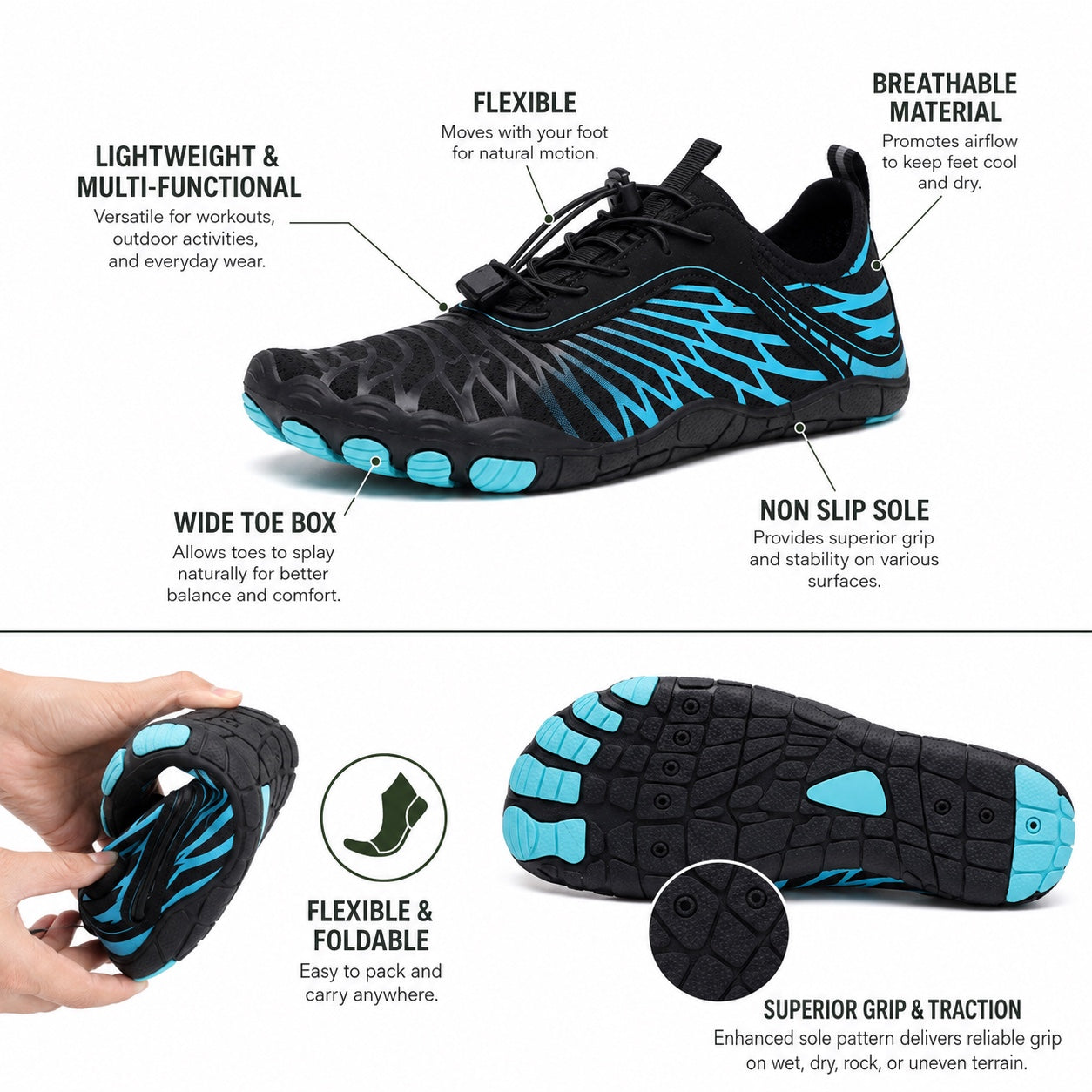 ZERO Zenith Midnight Series Blue Black barefoot shoe features: wide toe box, non-slip sole, breathable, flexible foldable