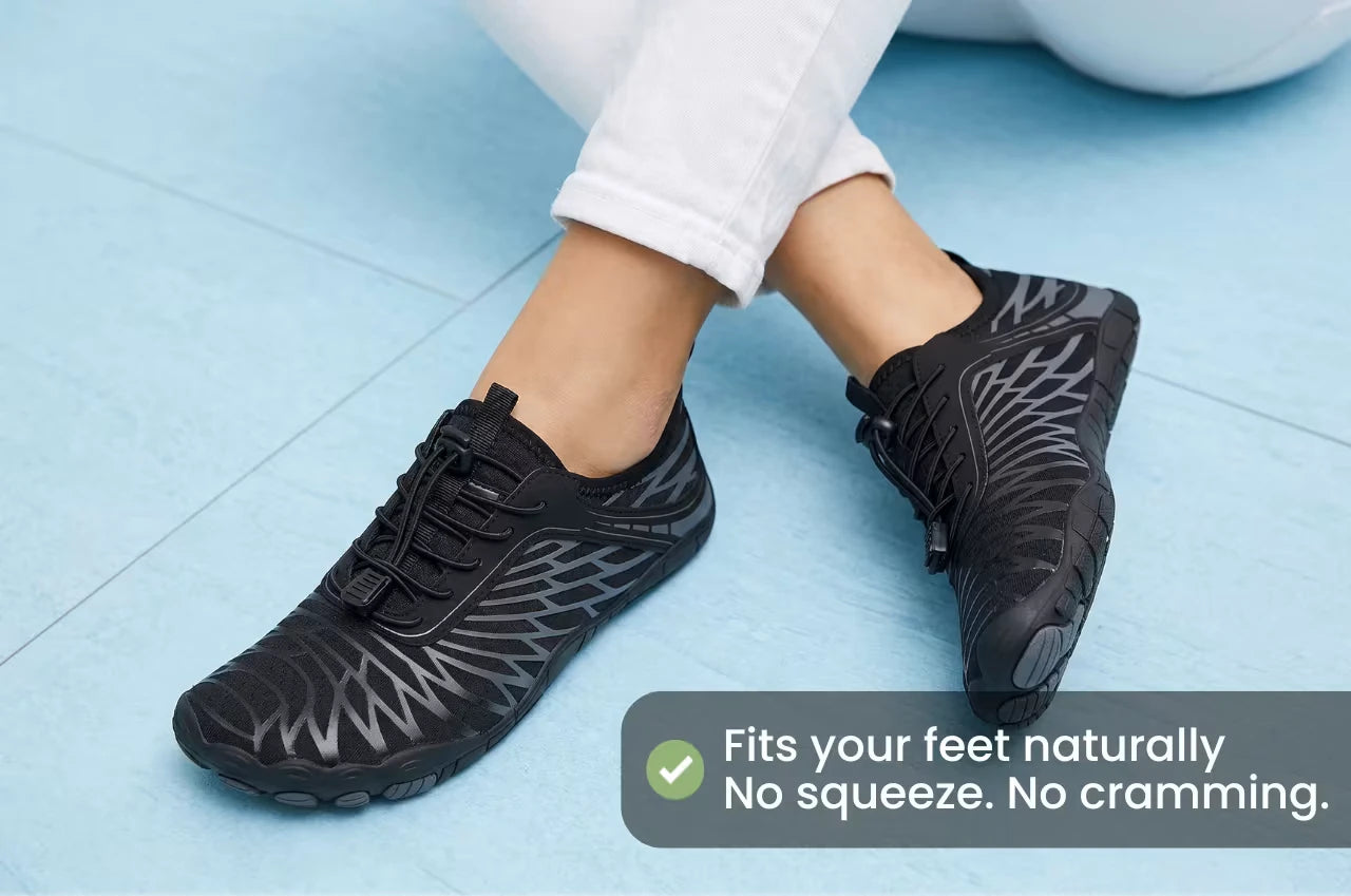 ZERO Zenith Original Black barefoot shoes worn, fits your feet naturally with no squeeze or cramming