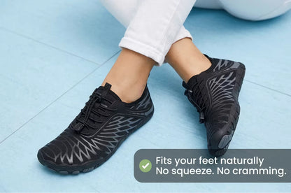 ZERO Zenith Original Black barefoot shoes worn, fits your feet naturally with no squeeze or cramming