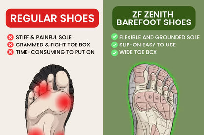 ZERO Zenith barefoot shoes vs regular shoes comparison: flexible grounded sole, slip-on, wide toe box