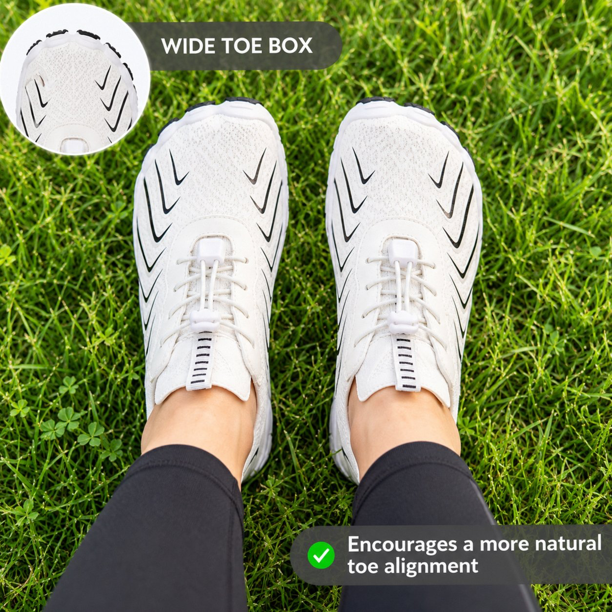 ZERO Catalyst Pro barefoot shoes in White worn on grass, top view showing the wide toe box