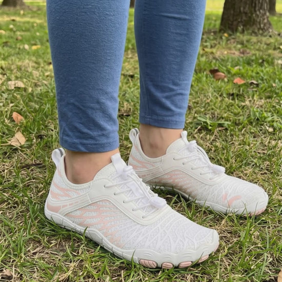 ZERO Zenith Original White Pink barefoot shoes worn walking on grass outdoors
