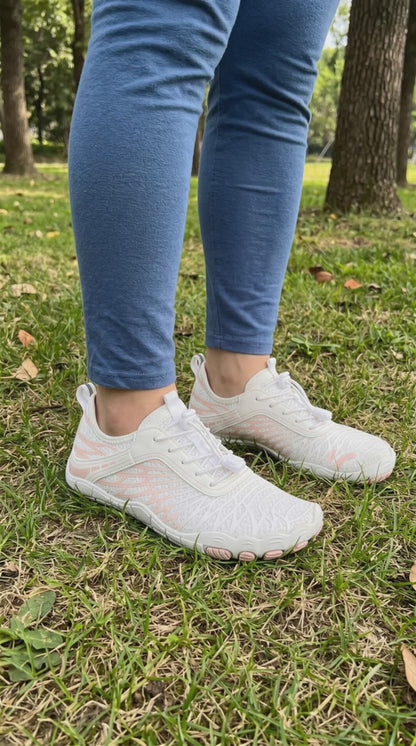 ZERO Zenith Original White Pink barefoot shoes worn walking on grass outdoors
