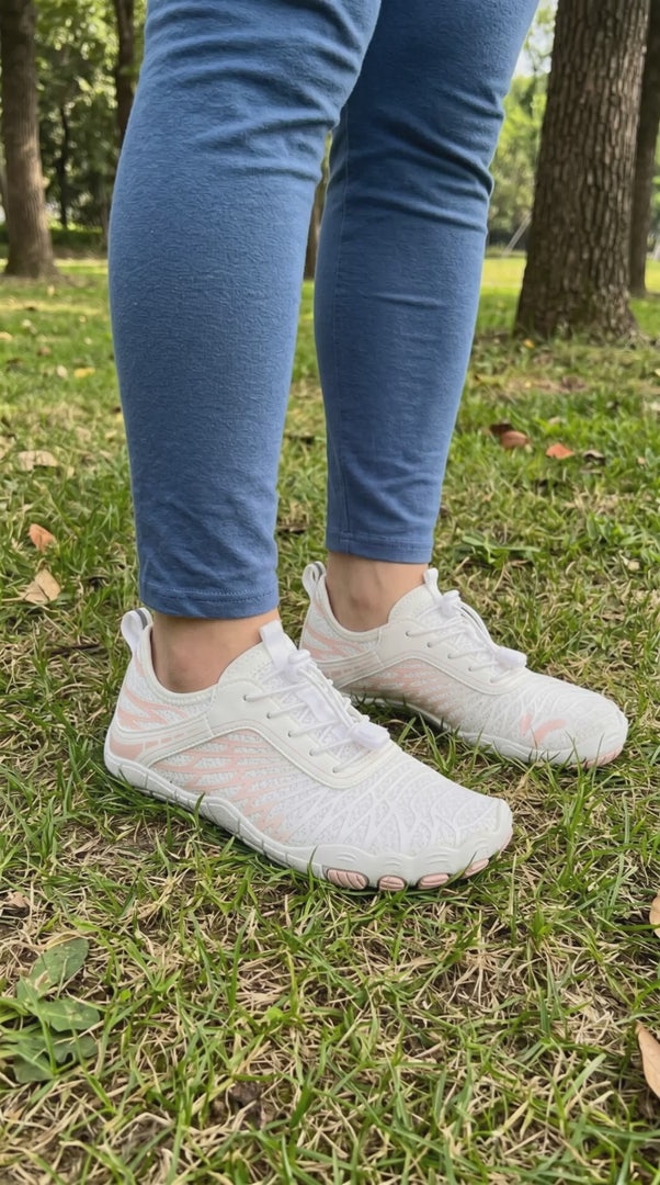 ZERO Zenith Original White Pink barefoot shoes worn walking on grass outdoors